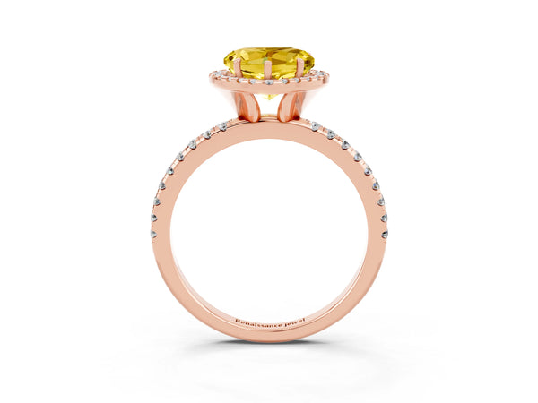 Rose gold Heart Cut Yellow Sapphire Halo Ring with Round Pavé Band and Prong Setting
