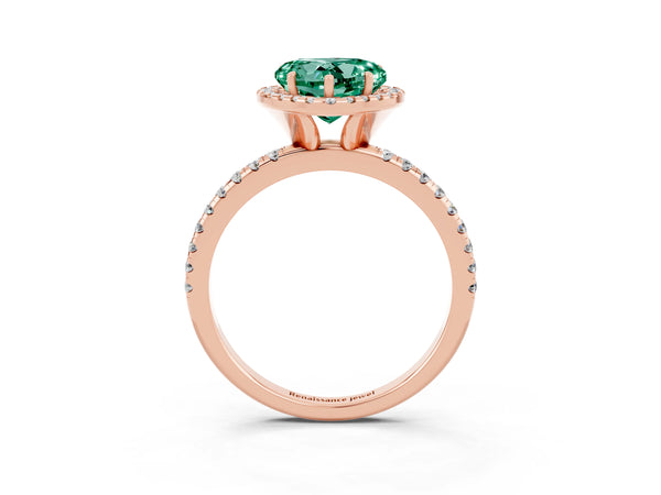 Rose gold Heart Cut Green Sapphire Halo Ring with Round Pavé Band and Prong Setting