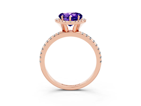 Rose gold Heart Cut Tanzanite Halo Ring with Round Pavé Band and Prong Setting