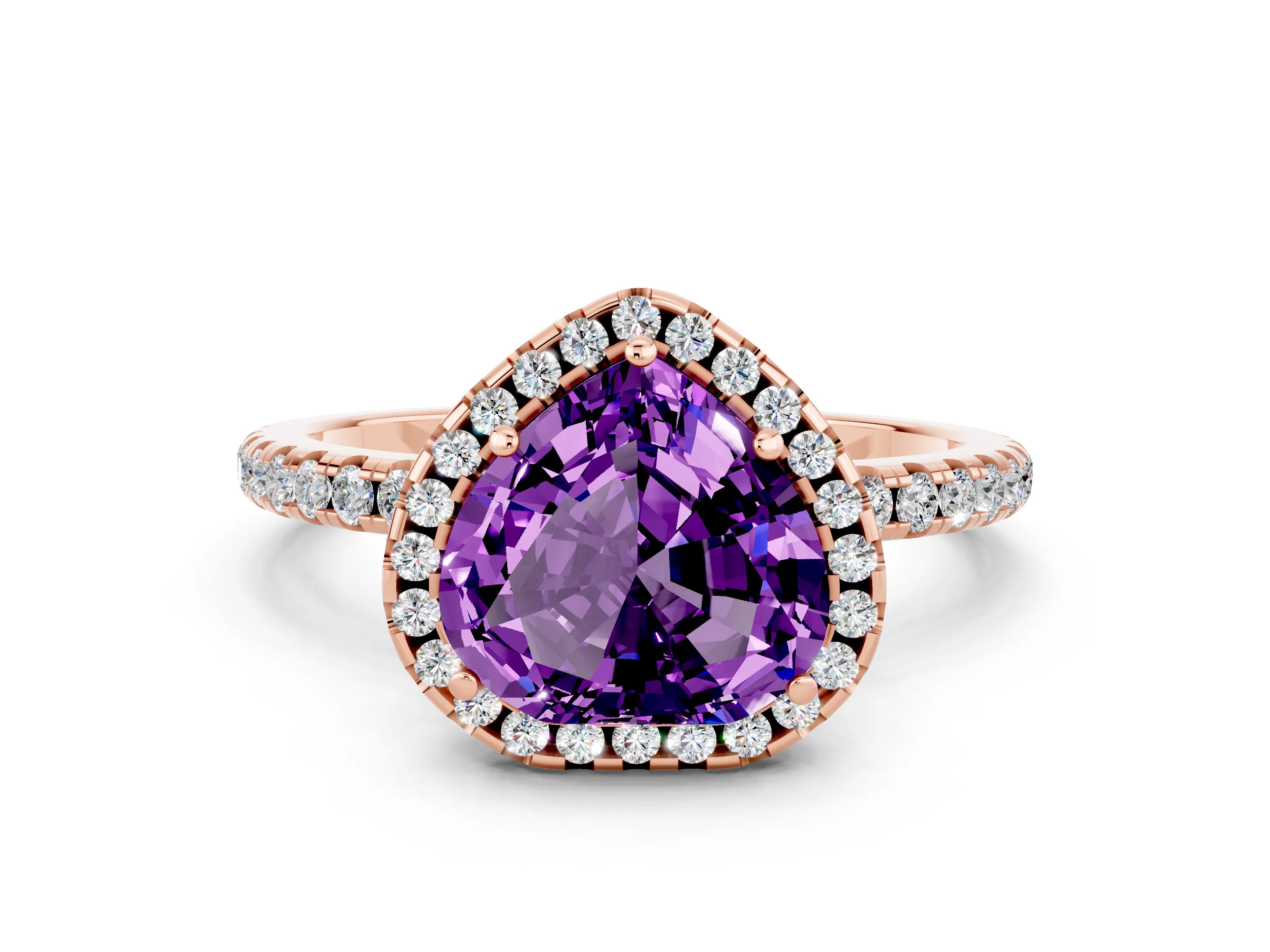 Rose gold Heart Cut Halo Round Diamond Pavé Band Four-Prong Ring