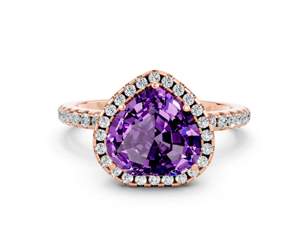 Rose gold Heart Cut Amethyst Halo Ring with Round Pavé Band and Prong Setting