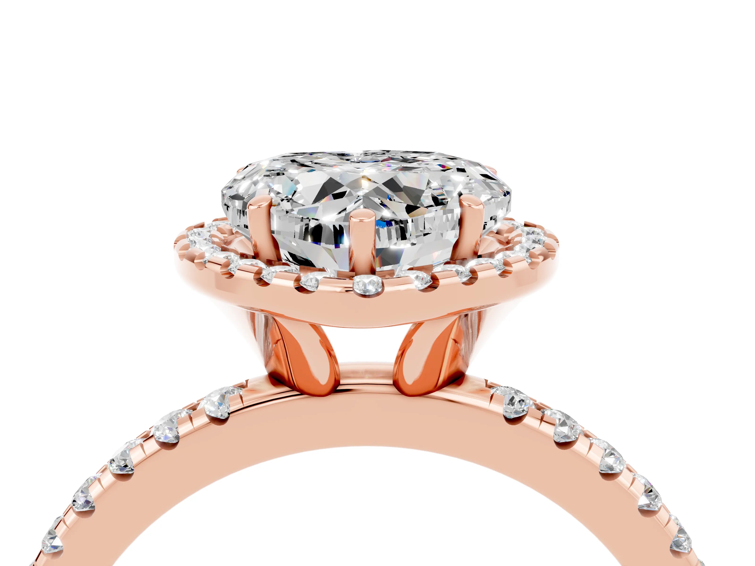 Rose gold Heart Cut Halo Round Diamond Pavé Band Four-Prong Ring_4