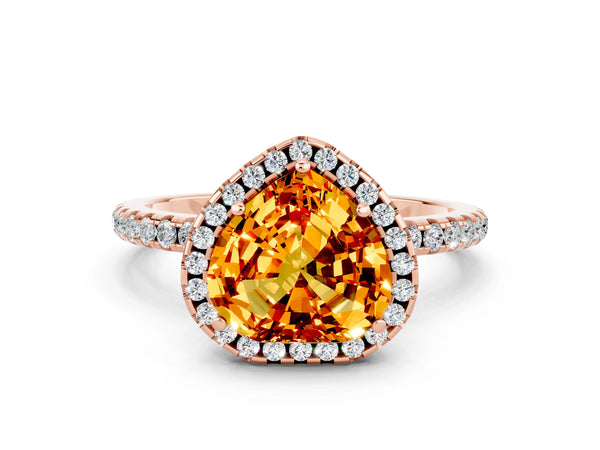 Rose gold Heart Cut Citrine Halo Ring with Round Pavé Band and Prong Setting