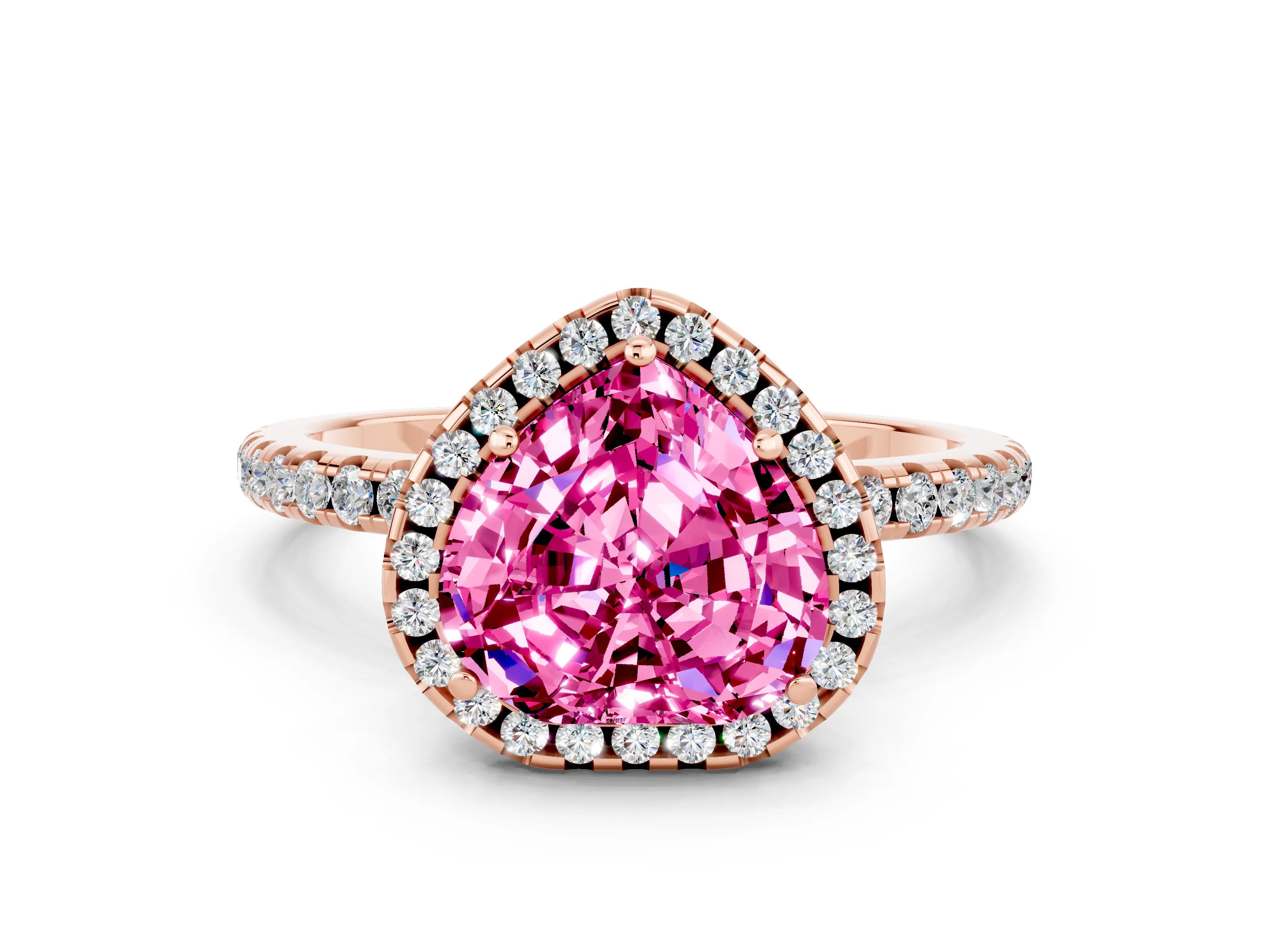 Rose gold Heart Cut Halo Round Diamond Pavé Band Four-Prong Ring