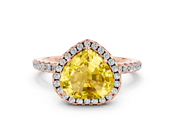 Rose gold Heart Cut Yellow Sapphire Halo Ring with Round Pavé Band and Prong Setting