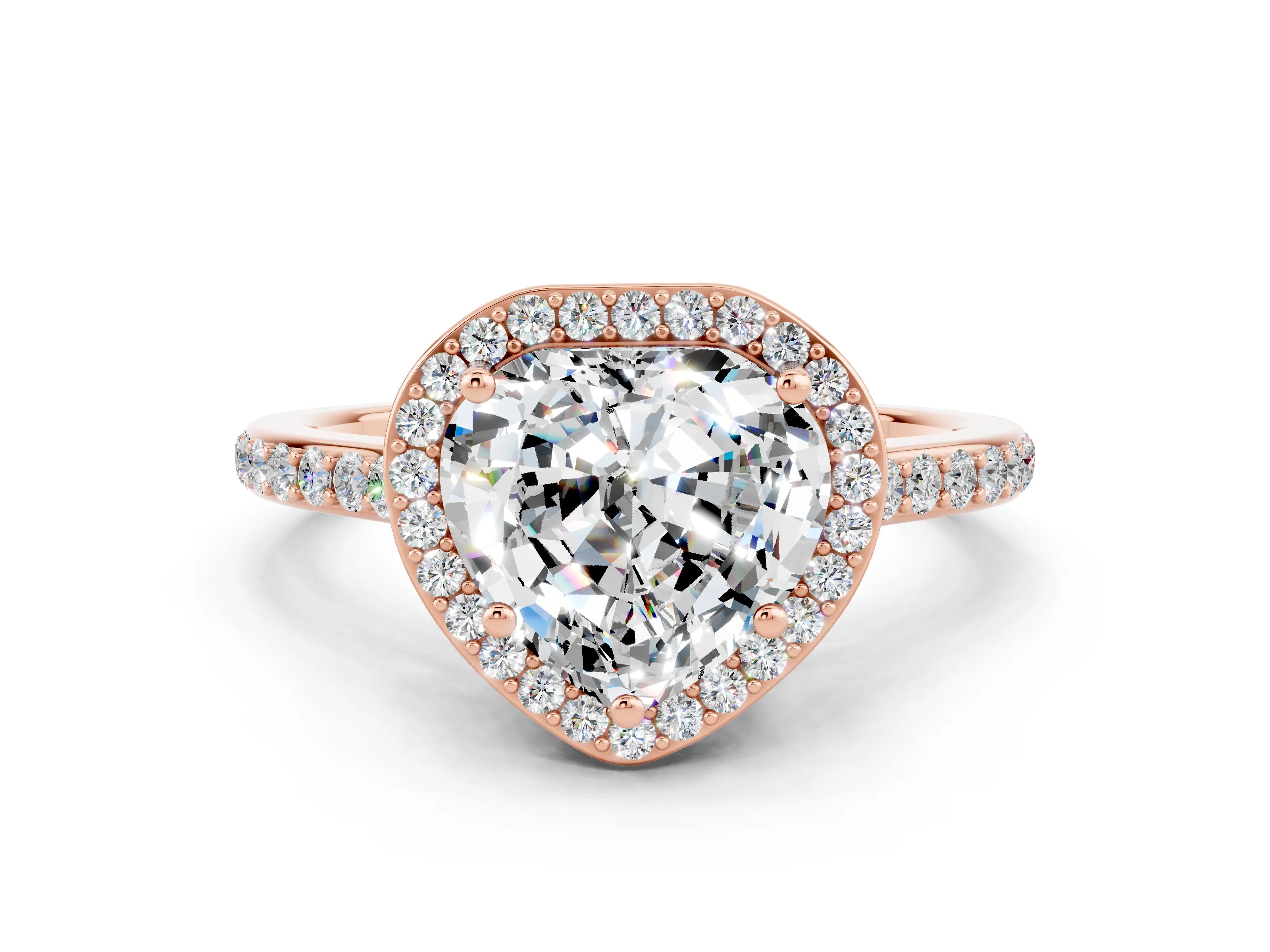 Rose gold Heart Cut Halo Round Diamond Pavé Band with Four-Prong Setting