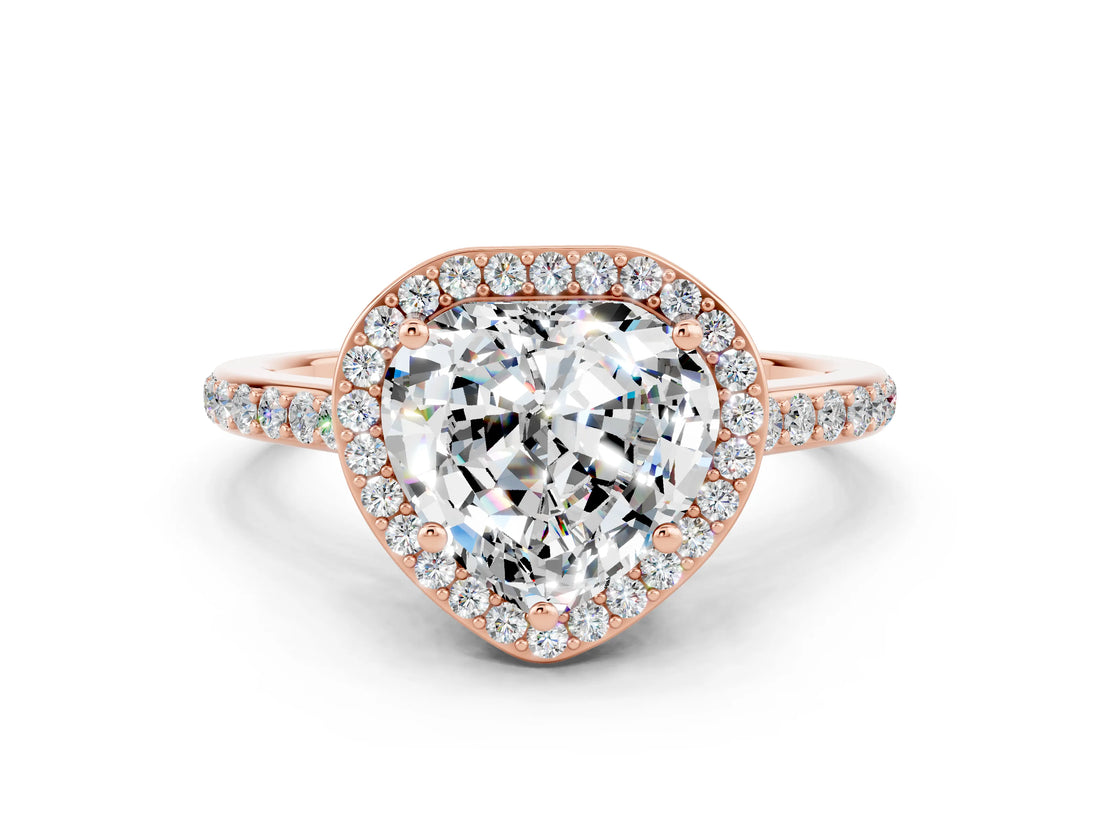 Rose gold Heart Cut Halo Round Diamond Pavé Band with Four-Prong Setting