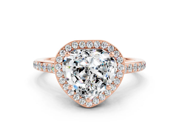 Rose gold Heart Cut Moissanite Halo Engagement Ring with Round Pavé Shoulders and Prong Setting