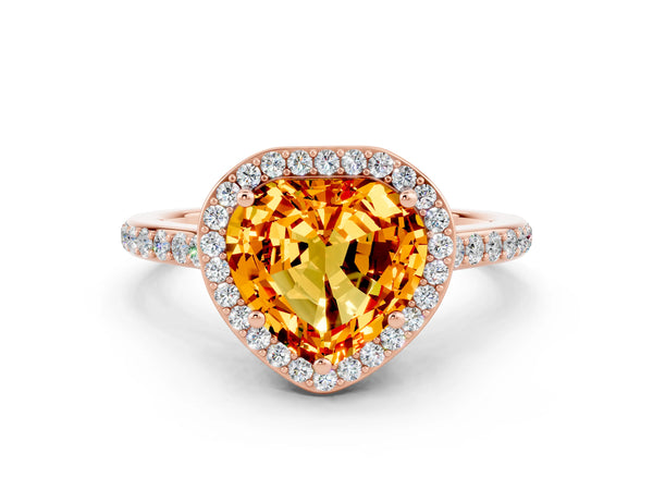 Rose gold Heart Cut Citrine Halo Engagement Ring with Round Pavé Shoulders and Prong Setting