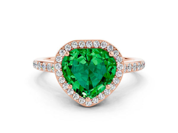 Rose gold Heart Cut Emerald Halo Engagement Ring with Round Pavé Shoulders and Prong Setting