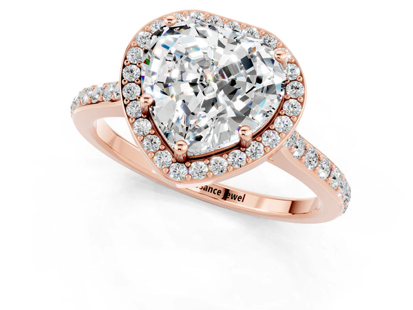 Rose gold Heart Cut Moissanite Halo Engagement Ring with Round Pavé Shoulders and Prong Setting