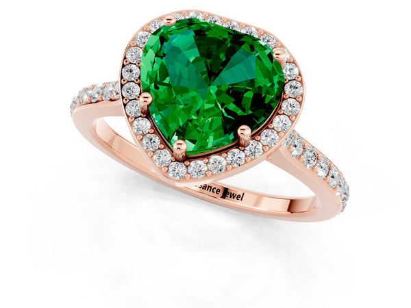 Rose gold Heart Cut Emerald Halo Engagement Ring with Round Pavé Shoulders and Prong Setting