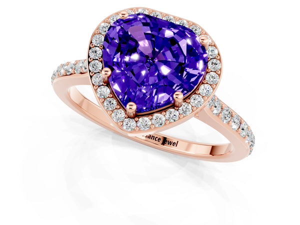 Rose gold Heart Cut Tanzanite Halo Engagement Ring with Round Pavé Shoulders and Prong Setting