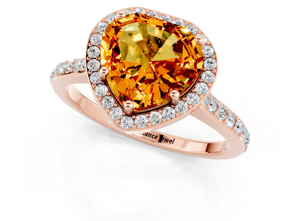 Rose gold Heart Cut Citrine Halo Engagement Ring with Round Pavé Shoulders and Prong Setting