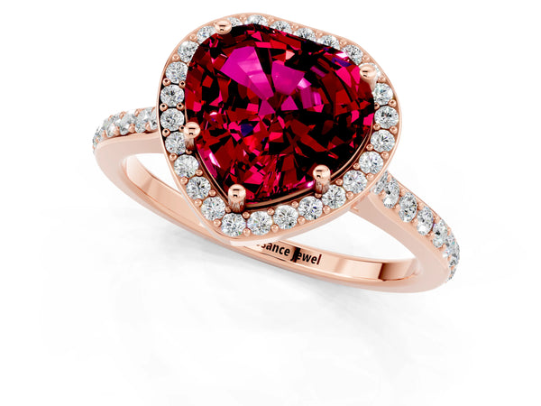 Rose gold Heart Cut Garnet Halo Engagement Ring with Round Pavé Shoulders and Prong Setting