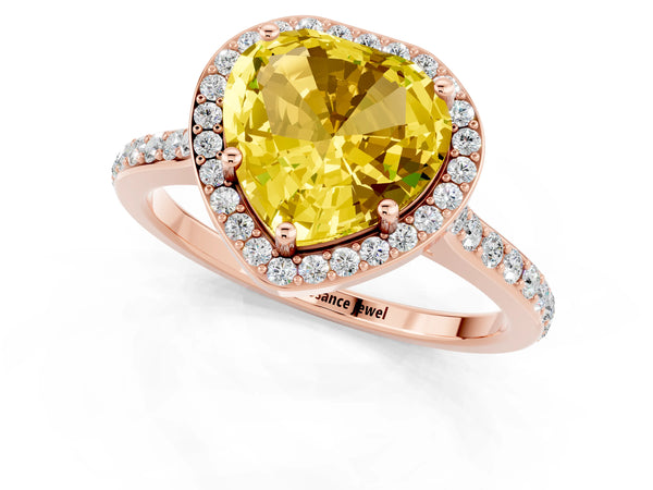 Rose gold Heart Cut Yellow Sapphire Halo Engagement Ring with Round Pavé Shoulders and Prong Setting