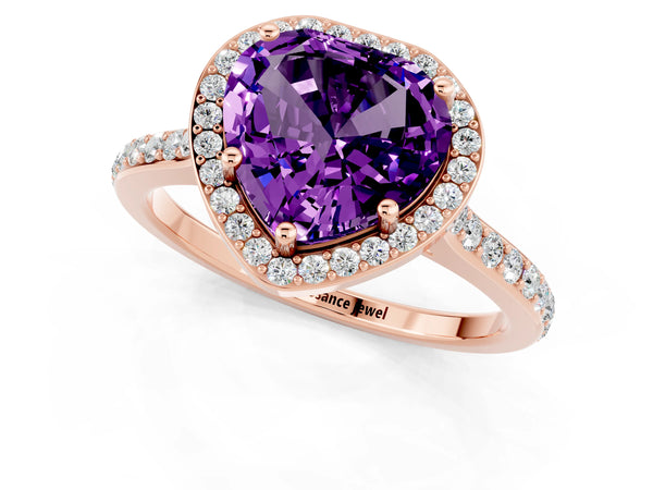 Rose gold Heart Cut Amethyst Halo Engagement Ring with Round Pavé Shoulders and Prong Setting