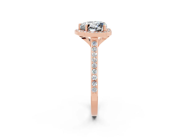 Rose gold Heart Cut Moissanite Halo Engagement Ring with Round Pavé Shoulders and Prong Setting