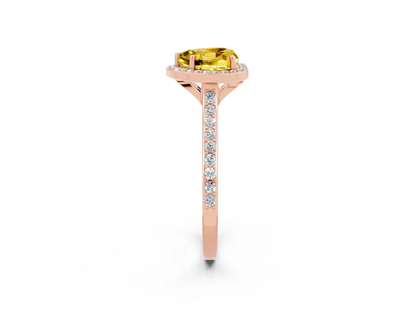 Rose gold Heart Cut Yellow Sapphire Halo Engagement Ring with Round Pavé Shoulders and Prong Setting
