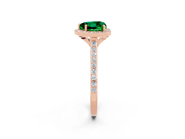 Rose gold Heart Cut Emerald Halo Engagement Ring with Round Pavé Shoulders and Prong Setting