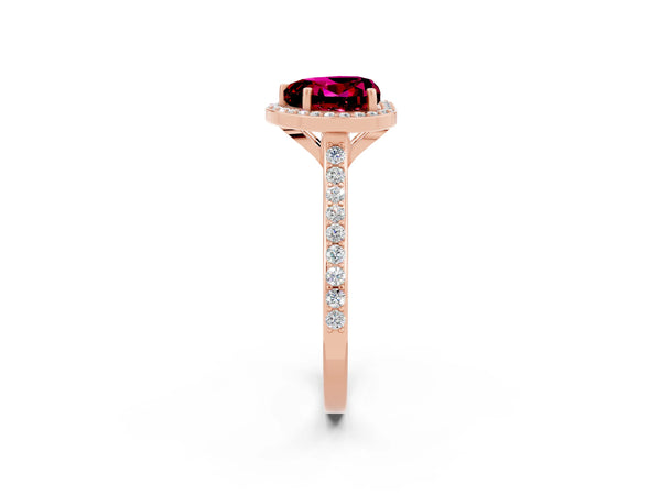 Rose gold Heart Cut Garnet Halo Engagement Ring with Round Pavé Shoulders and Prong Setting
