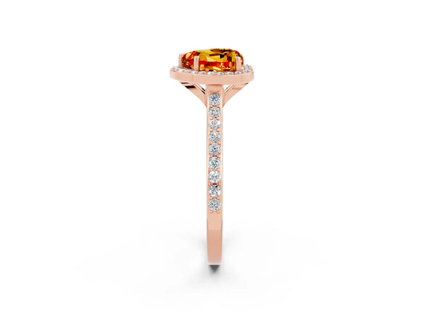 Rose gold Heart Cut Citrine Halo Engagement Ring with Round Pavé Shoulders and Prong Setting