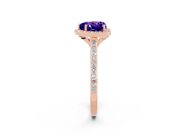 Rose gold Heart Cut Tanzanite Halo Engagement Ring with Round Pavé Shoulders and Prong Setting