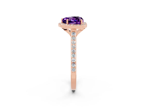 Rose gold Heart Cut Amethyst Halo Engagement Ring with Round Pavé Shoulders and Prong Setting