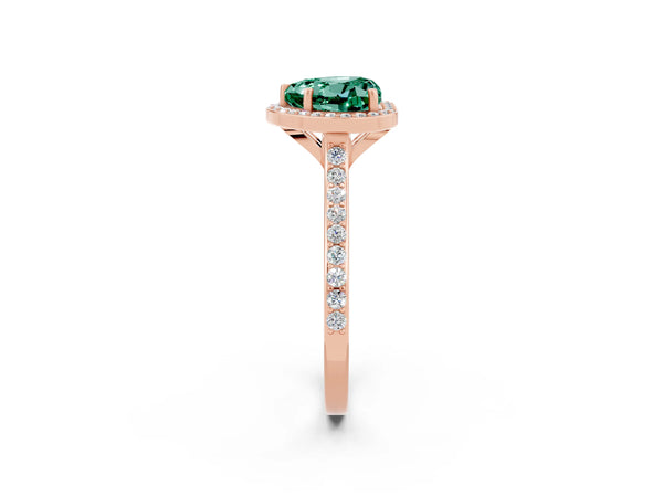 Rose gold Heart Cut Green Sapphire Halo Engagement Ring with Round Pavé Shoulders and Prong Setting