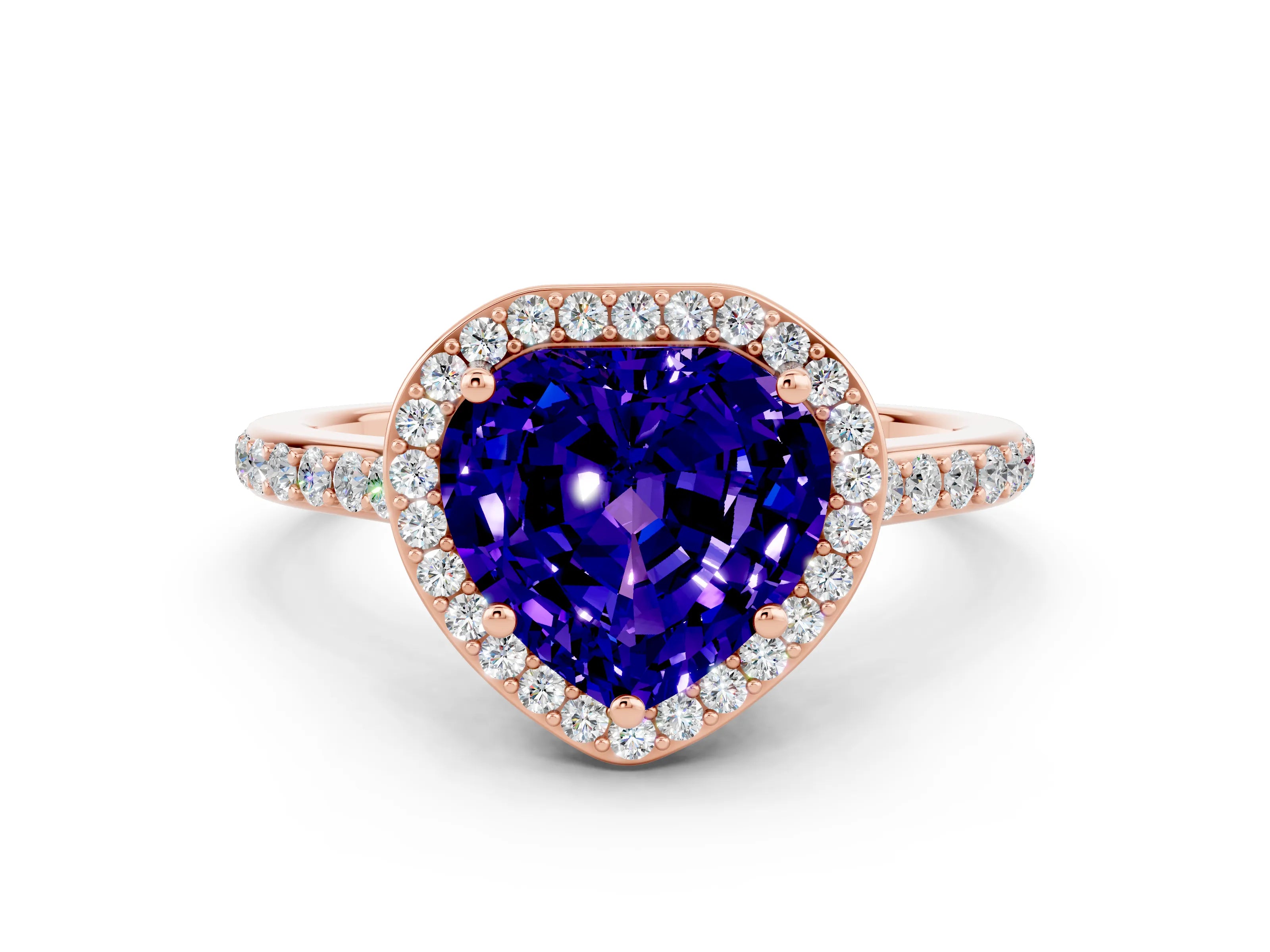 Rose gold Heart Cut Halo Round Diamond Pavé Band with Four-Prong Setting