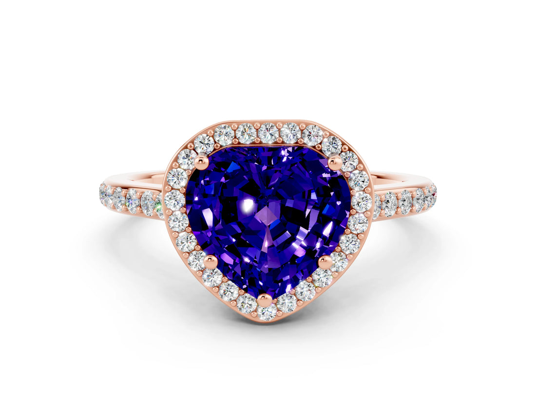 Rose gold Heart Cut Halo Round Diamond Pavé Band with Four-Prong Setting