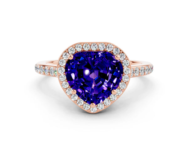 Rose gold Heart Cut Tanzanite Halo Engagement Ring with Round Pavé Shoulders and Prong Setting