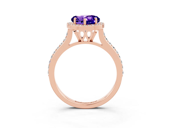 Rose gold Heart Cut Tanzanite Halo Engagement Ring with Round Pavé Shoulders and Prong Setting