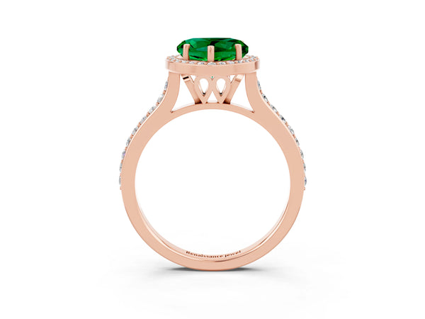 Rose gold Heart Cut Emerald Halo Engagement Ring with Round Pavé Shoulders and Prong Setting