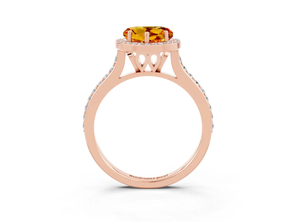 Rose gold Heart Cut Citrine Halo Engagement Ring with Round Pavé Shoulders and Prong Setting