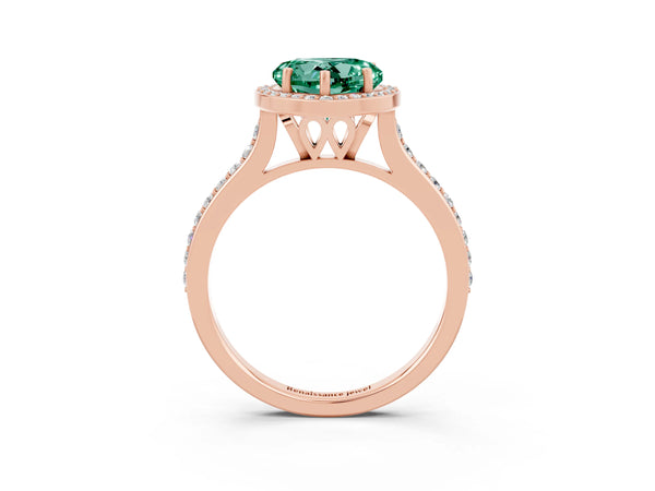 Rose gold Heart Cut Green Sapphire Halo Engagement Ring with Round Pavé Shoulders and Prong Setting
