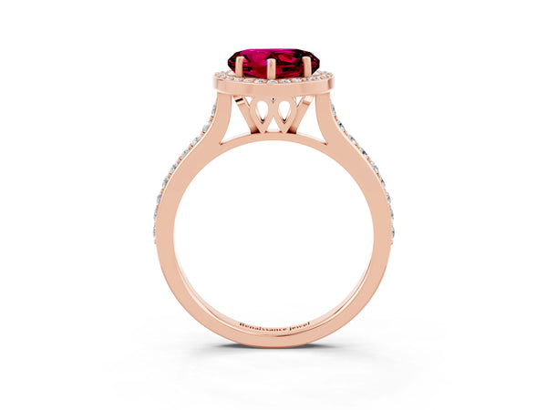 Rose gold Heart Cut Garnet Halo Engagement Ring with Round Pavé Shoulders and Prong Setting