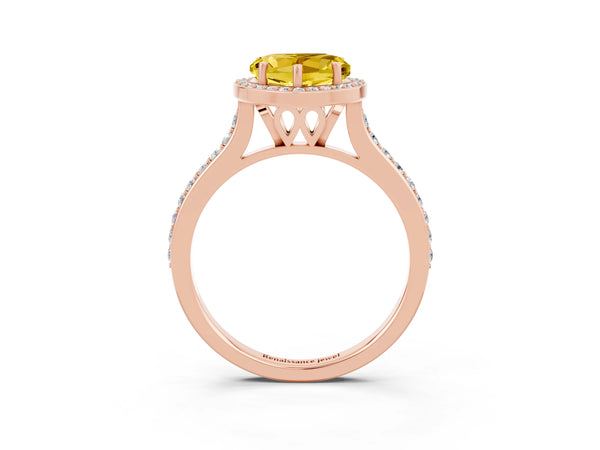 Rose gold Heart Cut Yellow Sapphire Halo Engagement Ring with Round Pavé Shoulders and Prong Setting