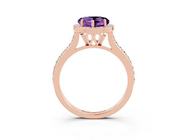 Rose gold Heart Cut Amethyst Halo Engagement Ring with Round Pavé Shoulders and Prong Setting