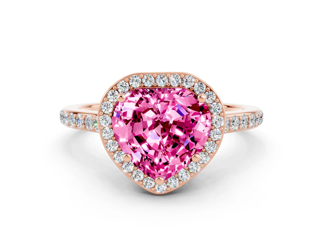 Rose gold Heart Cut Halo Round Diamond Pavé Band with Four-Prong Setting