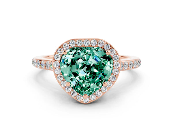 Rose gold Heart Cut Green Sapphire Halo Engagement Ring with Round Pavé Shoulders and Prong Setting