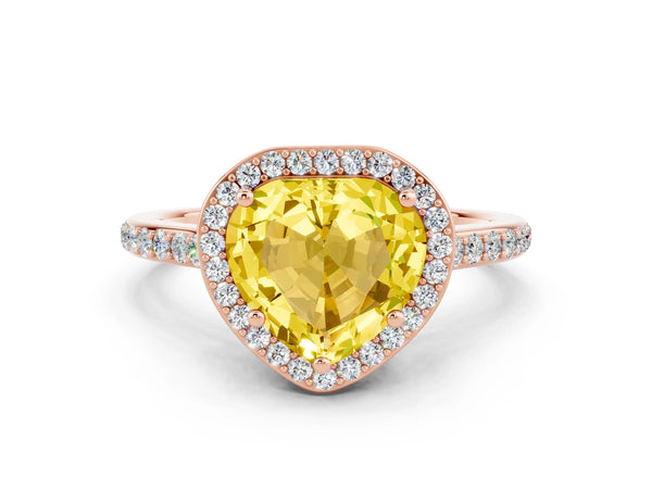 Rose gold Heart Cut Yellow Sapphire Halo Engagement Ring with Round Pavé Shoulders and Prong Setting