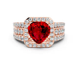 Rose gold Heart Cut Halo Ruby Ring with Split Shank and Four-Prong Setting