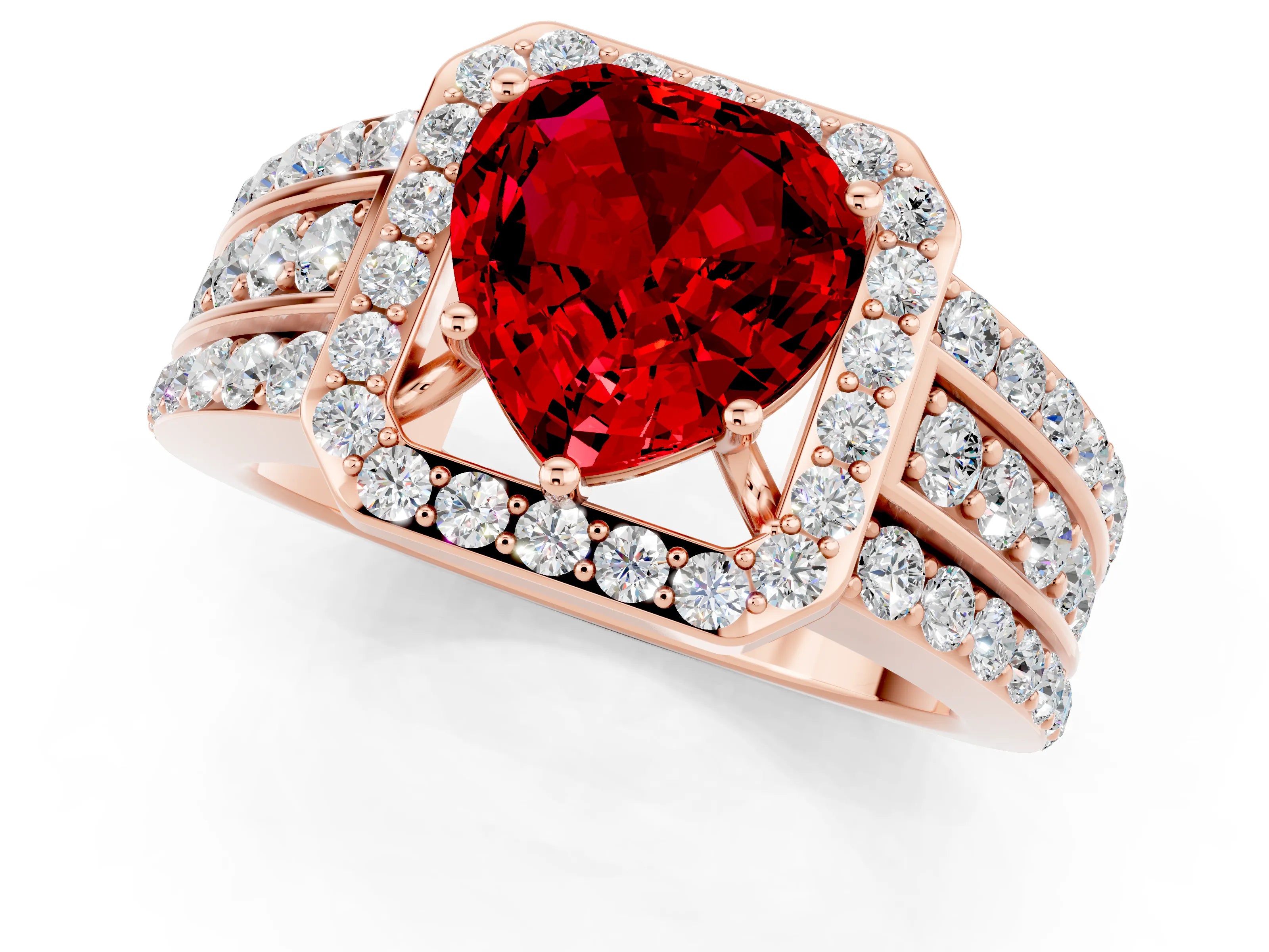 Rose gold Heart Cut Halo Ruby Ring with Split Shank and Four-Prong Setting_1