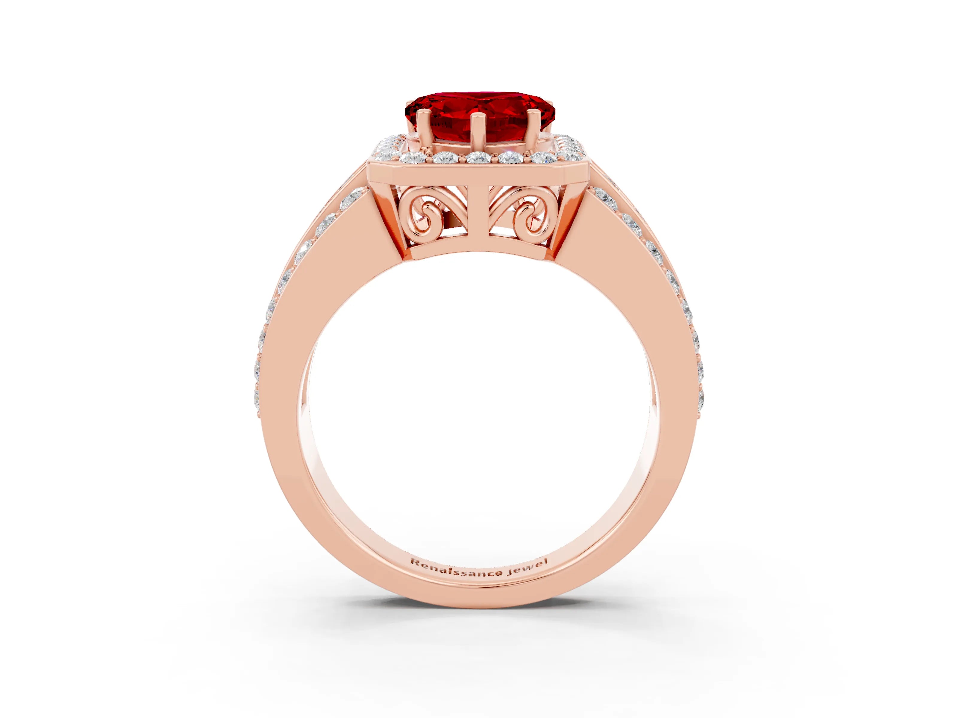 Rose gold Heart Cut Halo Ruby Ring with Split Shank and Four-Prong Setting_3