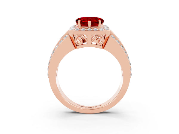 Rose gold Heart Cut Halo Ruby Ring with Round  Split Shank and Prong Setting