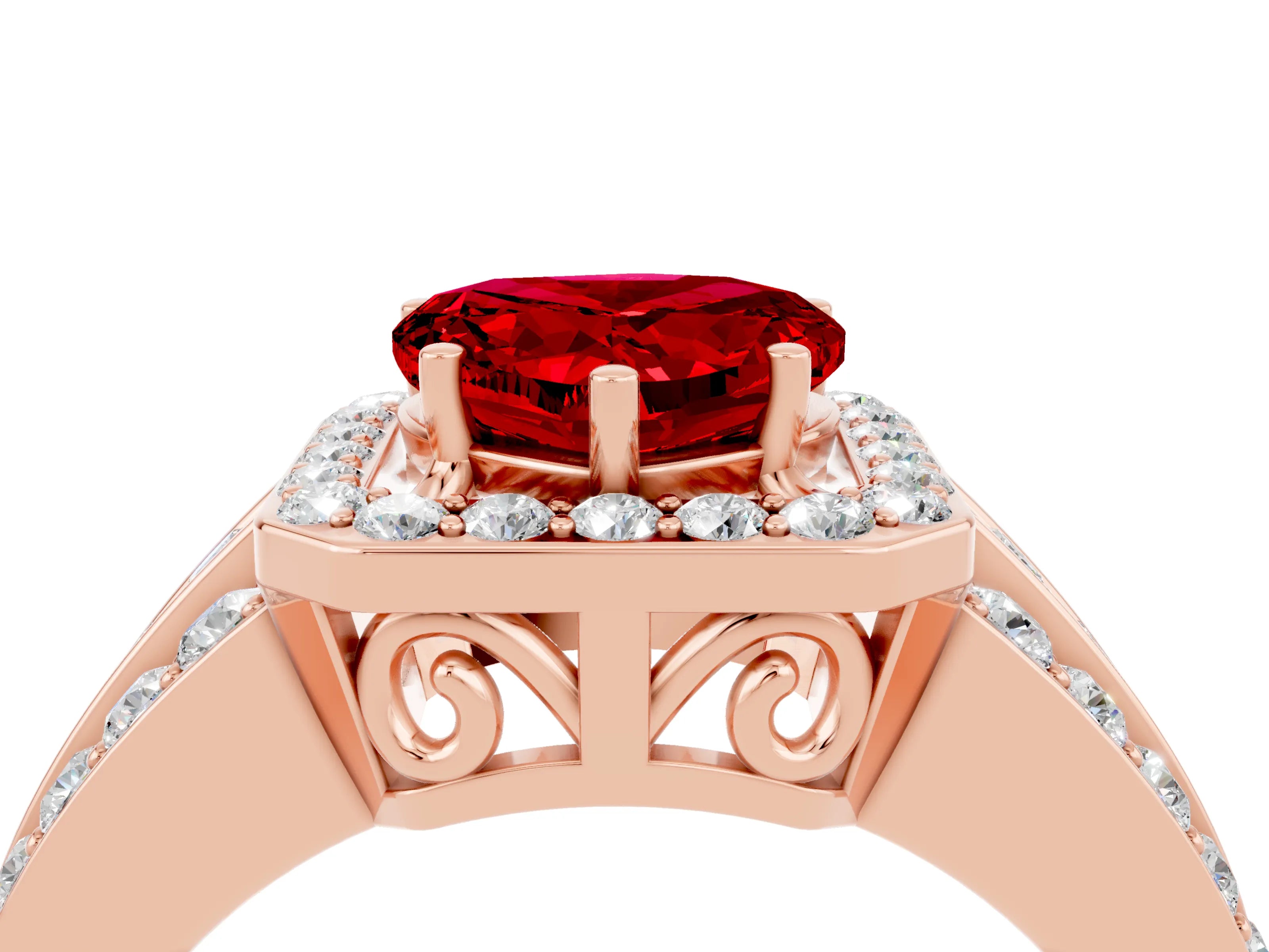 Rose gold Heart Cut Halo Ruby Ring with Split Shank and Four-Prong Setting_4