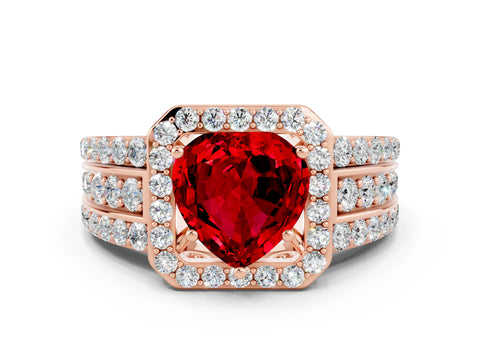 Rose gold Heart Cut Halo Ruby Ring with Split Shank and Four-Prong Setting