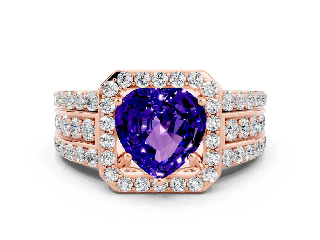 Rose gold Heart Cut Halo Tanzanite Ring with Split Shank and Four-Prong Setting