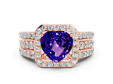 Rose gold Heart Cut Halo Tanzanite Ring with Split Shank and Four-Prong Setting